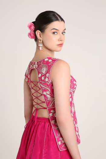 Buy Keith Gomes Fuchsia Net, Silk Organza Sweetheart Embroidered Short Tunic Frill Palazzo Set Online at Aza Fashions Buy_Keith Gomes_Fuchsia Net, Silk Organza Sweetheart Embroidered Short Tunic Frill Palazzo Set _Online_at_Aza_Fashions