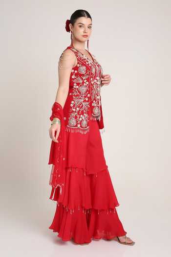 Keith Gomes Red Georgette, Net V-neck, Yes Embroidered Short Tunic Layered Gharara Set Online at Aza Fashions Keith Gomes_Red Georgette, Net V-neck, Yes Embroidered Short Tunic Layered Gharara Set _Online_at_Aza_Fashions