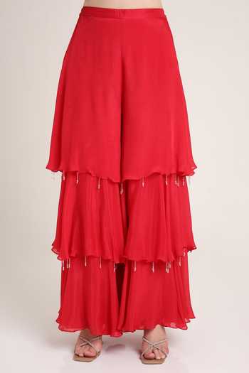 Buy Keith Gomes Red Georgette, Net V-neck, Yes Embroidered Short Tunic Layered Gharara Set Online at Aza Fashions Buy_Keith Gomes_Red Georgette, Net V-neck, Yes Embroidered Short Tunic Layered Gharara Set _Online_at_Aza_Fashions