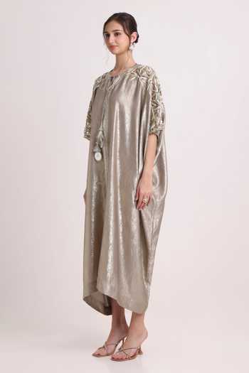 Keith Gomes Gold Crepe Round Neck Embroidered Foil Kaftan Online at Aza Fashions Keith Gomes_Gold Crepe Round Neck Embroidered Foil Kaftan _Online_at_Aza_Fashions