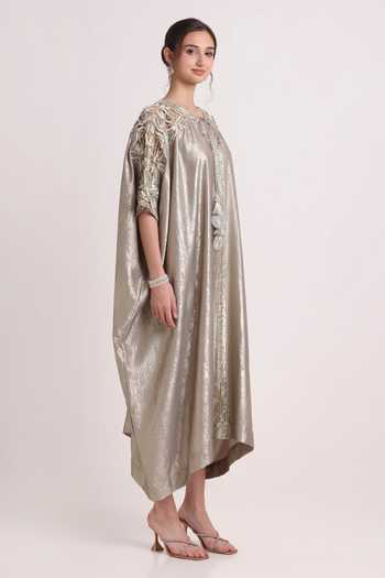 Buy Keith Gomes Gold Crepe Round Neck Embroidered Foil Kaftan Online at Aza Fashions Buy_Keith Gomes_Gold Crepe Round Neck Embroidered Foil Kaftan _Online_at_Aza_Fashions