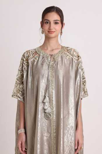 Shop Keith Gomes Gold Crepe Round Neck Embroidered Foil Kaftan Online at Aza Fashions Shop_Keith Gomes_Gold Crepe Round Neck Embroidered Foil Kaftan _Online_at_Aza_Fashions