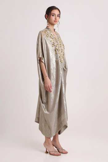 Keith Gomes_Gold Crepe Mandarin Collar Sequin Flower Embroidered Kaftan _Online_at_Aza_Fashions