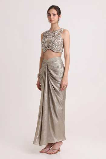 Keith Gomes Silver Crepe Boat Neck Embroidered Blouse And Draped Skirt Set Online at Aza Fashions Keith Gomes_Silver Crepe Boat Neck Embroidered Blouse And Draped Skirt Set _Online_at_Aza_Fashions