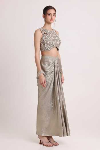 Buy Keith Gomes Silver Crepe Boat Neck Embroidered Blouse And Draped Skirt Set Online at Aza Fashions Buy_Keith Gomes_Silver Crepe Boat Neck Embroidered Blouse And Draped Skirt Set _Online_at_Aza_Fashions