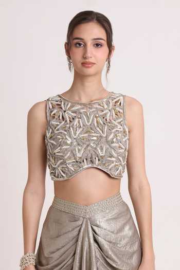 Keith Gomes Silver Crepe Boat Neck Embroidered Blouse And Draped Skirt Set at Aza Fashions Keith Gomes_Silver Crepe Boat Neck Embroidered Blouse And Draped Skirt Set _at_Aza_Fashions