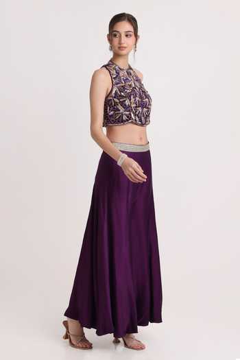 Shop Keith Gomes Purple Satin Halter Neck Embroidered Blouse And Palazzo Set Online at Aza Fashions Shop_Keith Gomes_Purple Satin Halter Neck Embroidered Blouse And Palazzo Set _Online_at_Aza_Fashions