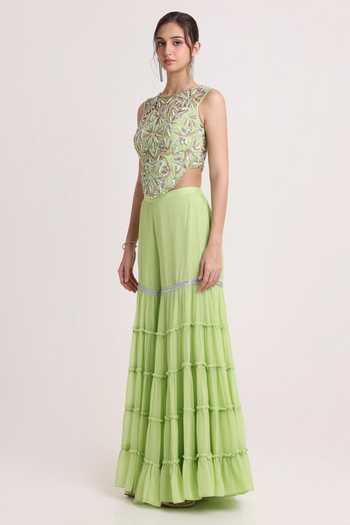 Keith Gomes Green Georgette Round Neck Embroidered Top And Gharara Set Online at Aza Fashions Keith Gomes_Green Georgette Round Neck Embroidered Top And Gharara Set _Online_at_Aza_Fashions