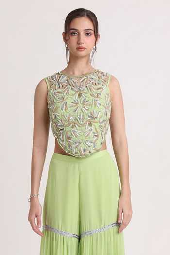 Shop Keith Gomes Green Georgette Round Neck Embroidered Top And Gharara Set Online at Aza Fashions Shop_Keith Gomes_Green Georgette Round Neck Embroidered Top And Gharara Set _Online_at_Aza_Fashions