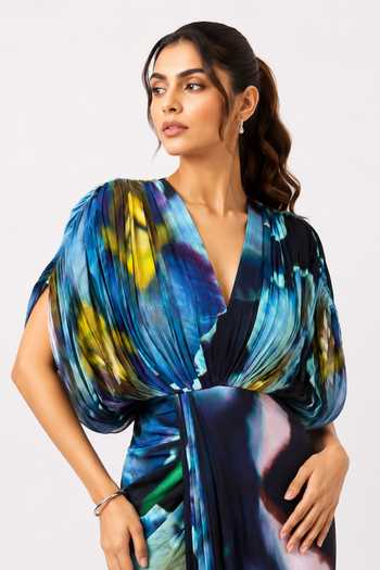 Poppi_Multi Color Silk, Bemberg Plunge Neck Dusk Printed Draped Dress _Online_at_Aza_Fashions