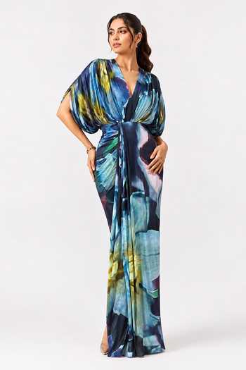 Shop_Poppi_Multi Color Silk, Bemberg Plunge Neck Dusk Printed Draped Dress _Online_at_Aza_Fashions