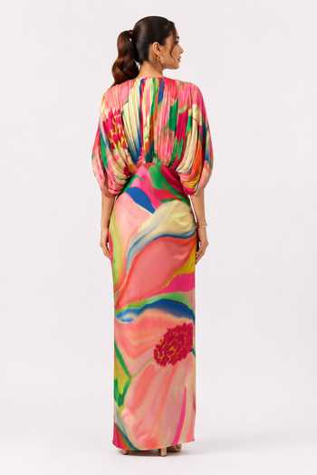 Shop Poppi Multicolor Bemberg, Silk V-neck Primrose Draped Maxi Dress at Aza Fashions Shop_Poppi_Multicolor Bemberg, Silk V-neck Primrose Draped Maxi Dress _at_Aza_Fashions