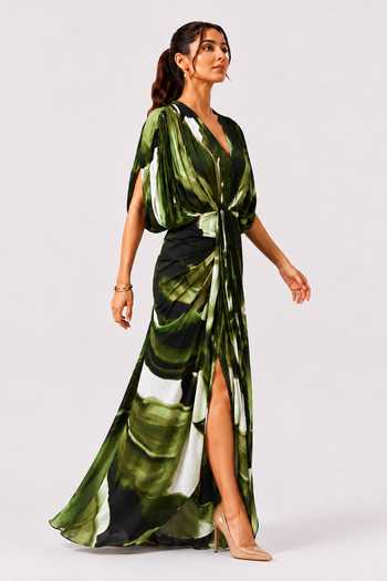 Poppi Multi Color Silk, Bemberg V-neck Jade Draped Maxi Dress Online at Aza Fashions Poppi_Multi Color Silk, Bemberg V-neck Jade Draped Maxi Dress _Online_at_Aza_Fashions