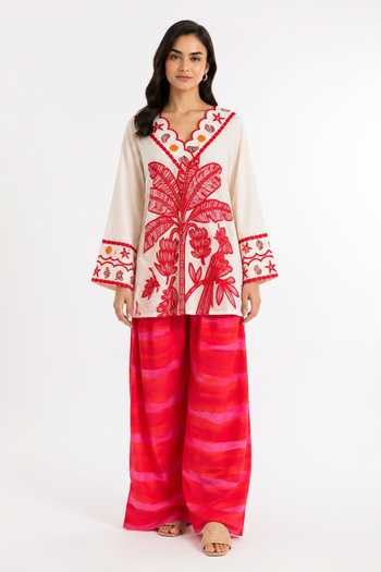 Shop_Poppi_White Cotton V-neck Parakeet Botanical Print Kurta And Salwar Set _Online_at_Aza_Fashions