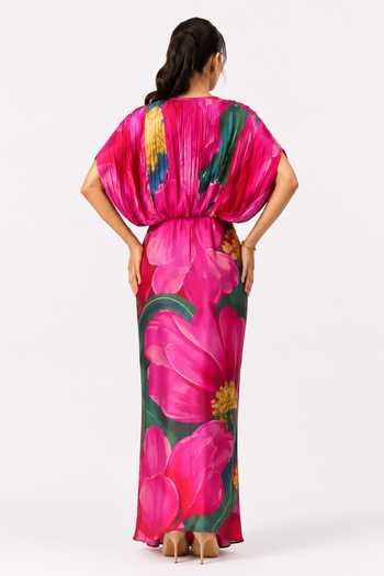 Shop Poppi Multi Color Silk, Bemberg V-neck Caspia Printed Draped Maxi Dress at Aza Fashions Shop_Poppi_Multi Color Silk, Bemberg V-neck Caspia Printed Draped Maxi Dress _at_Aza_Fashions