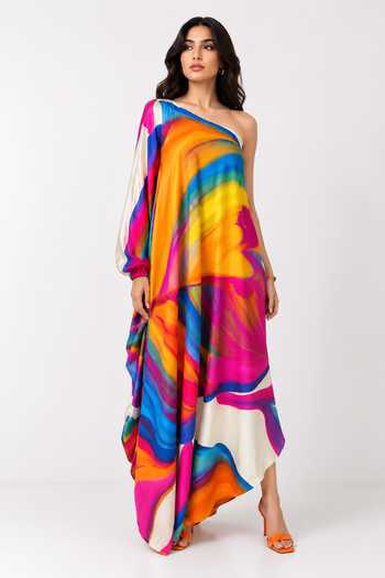 Poppi Multi Color Silk, Bemberg One Shoulder Printed Dress Online at Aza Fashions Poppi_Multi Color Silk, Bemberg One Shoulder Printed Dress _Online_at_Aza_Fashions