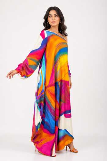 Buy Poppi Multi Color Silk, Bemberg One Shoulder Printed Dress Online at Aza Fashions Buy_Poppi_Multi Color Silk, Bemberg One Shoulder Printed Dress _Online_at_Aza_Fashions