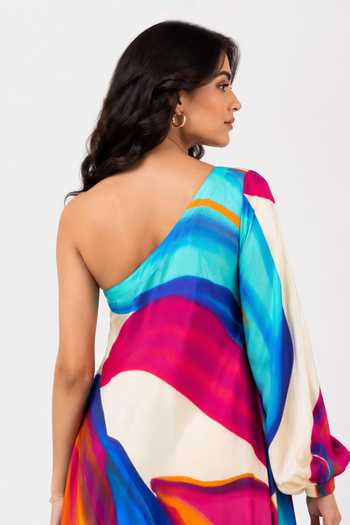 Shop Poppi Multi Color Silk, Bemberg One Shoulder Printed Dress Online at Aza Fashions Shop_Poppi_Multi Color Silk, Bemberg One Shoulder Printed Dress _Online_at_Aza_Fashions