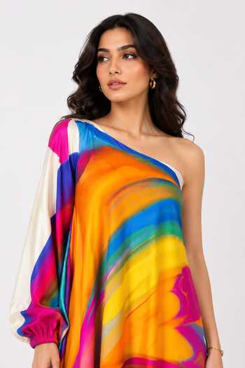 Poppi Multi Color Silk, Bemberg One Shoulder Printed Dress at Aza Fashions Poppi_Multi Color Silk, Bemberg One Shoulder Printed Dress _at_Aza_Fashions