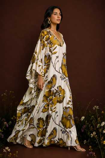 Buy Poppi Multi Color Silk, Bemberg V-neck Floral Print Kaftan Online at Aza Fashions Buy_Poppi_Multi Color Silk, Bemberg V-neck Floral Print Kaftan _Online_at_Aza_Fashions