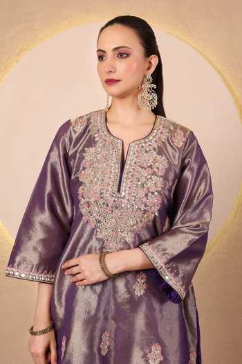 Buy_Tanu Malhotra_Purple Tissue, Modal, Satin, Net Split V-neck Embroidered Kurta Set 