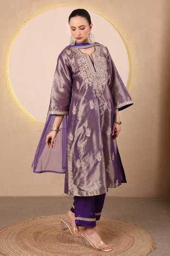 Shop_Tanu Malhotra_Purple Tissue, Modal, Satin, Net Split V-neck Embroidered Kurta Set 