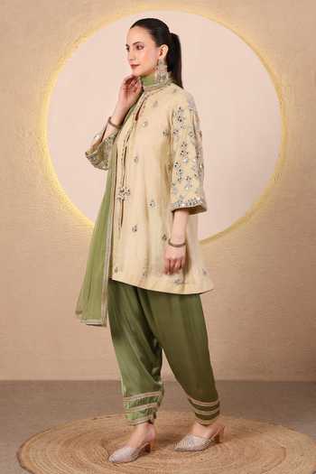 Shop_Tanu Malhotra_Beige Chanderi, Satin, Modal, Net Keyhole Mirror Work Angarkha Kurta Salwar Set _Online_at_Aza_Fashions