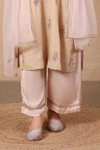 Tanu Malhotra Beige Chanderi, Satin, Modal, Net Notched Neck Mirror Embroidered Kurta Set Online at Aza Fashions Tanu Malhotra_Beige Chanderi, Satin, Modal, Net Notched Neck Mirror Embroidered Kurta Set _Online_at_Aza_Fashions