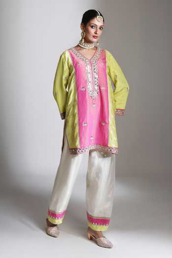 Buy Tanu Malhotra Pink Tissue, Organza V-neck, Yes Mirror Embroidered Kurta Set Online at Aza Fashions Buy_Tanu Malhotra_Pink Tissue, Organza V-neck, Yes Mirror Embroidered Kurta Set _Online_at_Aza_Fashions