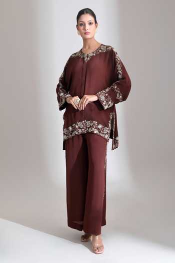 Tanu Malhotra Maroon Crepe Round Neck Placement Embroidered Top And Pant Set Online at Aza Fashions Tanu Malhotra_Maroon Crepe Round Neck Placement Embroidered Top And Pant Set _Online_at_Aza_Fashions