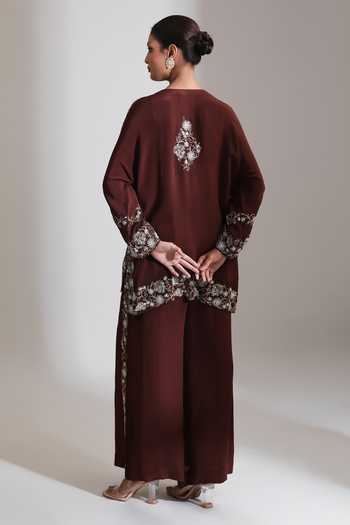 Shop Tanu Malhotra Maroon Crepe Round Neck Placement Embroidered Top And Pant Set at Aza Fashions Shop_Tanu Malhotra_Maroon Crepe Round Neck Placement Embroidered Top And Pant Set _at_Aza_Fashions