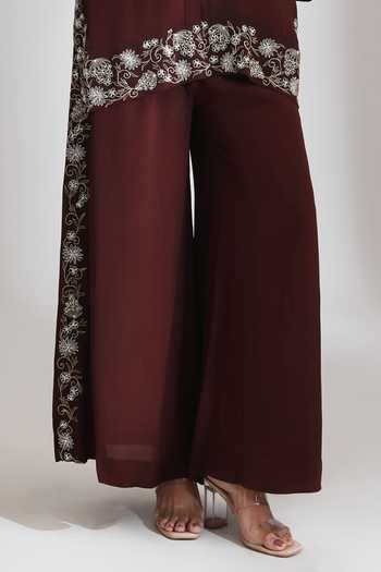 Tanu Malhotra Maroon Crepe Round Neck Placement Embroidered Top And Pant Set at Aza Fashions Tanu Malhotra_Maroon Crepe Round Neck Placement Embroidered Top And Pant Set _at_Aza_Fashions