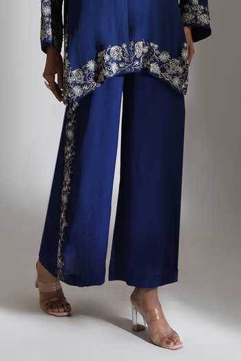 Buy_Tanu Malhotra_Blue Crepe Round Neck Floral Embroidered Top And Pant Set _Online_at_Aza_Fashions