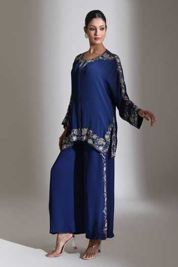 Shop_Tanu Malhotra_Blue Crepe Round Neck Floral Embroidered Top And Pant Set _Online_at_Aza_Fashions