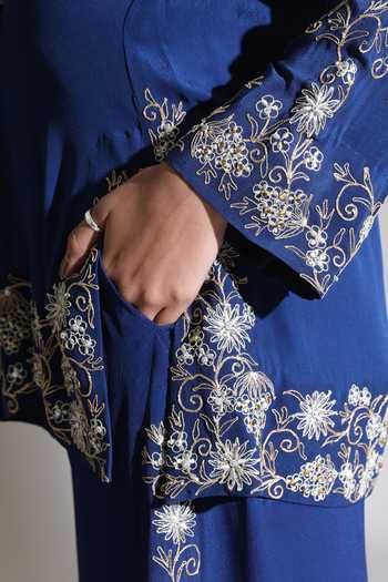 Buy_Tanu Malhotra_Blue Crepe Round Neck Floral Embroidered Top And Pant Set 