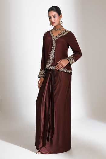 Tanu Malhotra_Wine Crepe, Satin, Modal Embroidery V-neck Neckline Jacket And Skirt Set _Online_at_Aza_Fashions