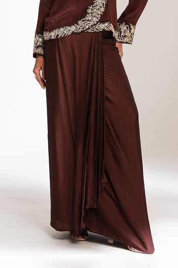 Buy_Tanu Malhotra_Wine Crepe, Satin, Modal Embroidery V-neck Neckline Jacket And Skirt Set _Online_at_Aza_Fashions