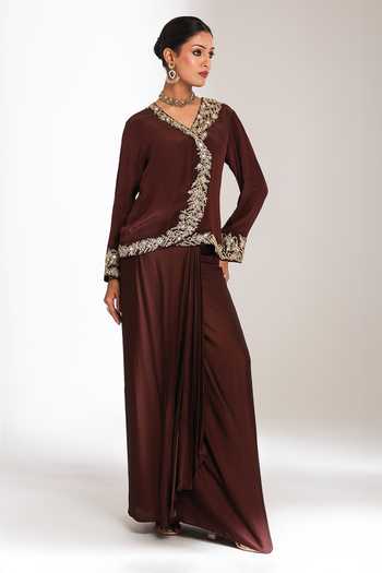 Shop_Tanu Malhotra_Wine Crepe, Satin, Modal Embroidery V-neck Neckline Jacket And Skirt Set _Online_at_Aza_Fashions