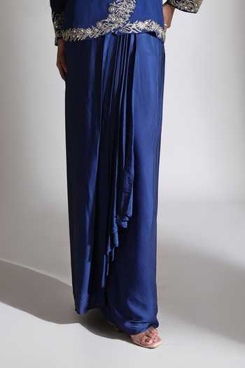 Tanu Malhotra_Blue Crepe, Satin, Modal V-neck Placement Embroidered Jacket And Skirt Set _Online_at_Aza_Fashions