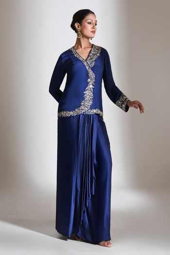 Shop_Tanu Malhotra_Blue Crepe, Satin, Modal V-neck Placement Embroidered Jacket And Skirt Set _Online_at_Aza_Fashions