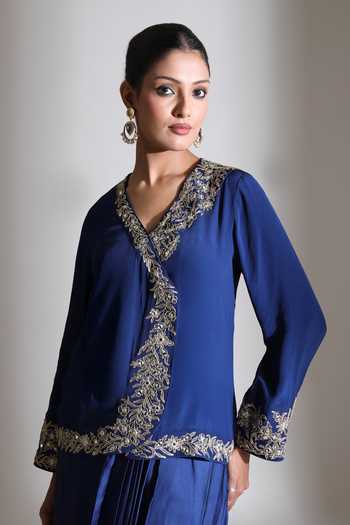Tanu Malhotra_Blue Crepe, Satin, Modal V-neck Placement Embroidered Jacket And Skirt Set _at_Aza_Fashions