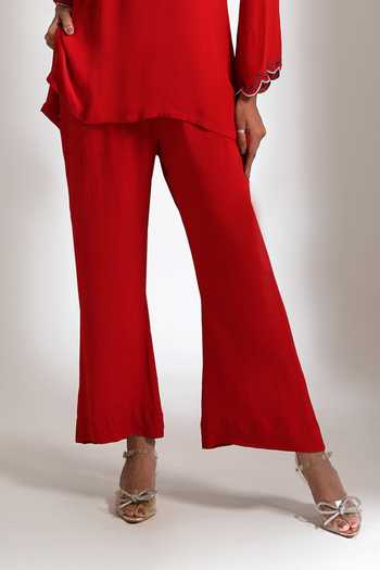 Tanu Malhotra_Red Crepe Round Neck Placement Embroidered Top And Pant Set _Online_at_Aza_Fashions