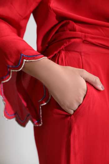 Buy_Tanu Malhotra_Red Crepe Round Neck Placement Embroidered Top And Pant Set _Online_at_Aza_Fashions