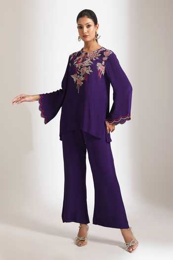 Tanu Malhotra_Purple Crepe Floral Embroidered Top And Pant Set _at_Aza_Fashions