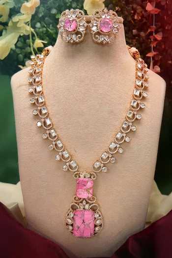 Shop Tussya Gold Plated Stone Embellished Pendant Necklace Set Online at Aza Fashions Shop_Tussya_Gold Plated Stone Embellished Pendant Necklace Set _Online_at_Aza_Fashions
