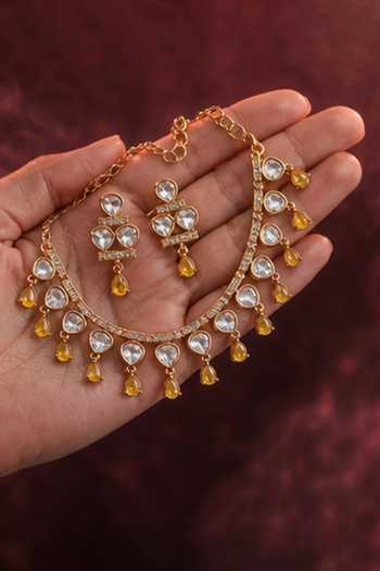 Shop Tussya Gold Plated Stone Embellished Necklace Set Online at Aza Fashions Shop_Tussya_Gold Plated Stone Embellished Necklace Set _Online_at_Aza_Fashions