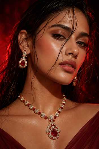 Shop Tussya Gold Plated Kundan Embellished Pendant Necklace Set Online at Aza Fashions Shop_Tussya_Gold Plated Kundan Embellished Pendant Necklace Set _Online_at_Aza_Fashions