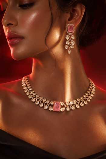 Shop Tussya Gold Plated Kundan And Pearls Embellished Necklace Set Online at Aza Fashions Shop_Tussya_Gold Plated Kundan And Pearls Embellished Necklace Set _Online_at_Aza_Fashions