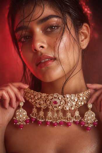 Tussya Gold Plated Stone Embellished Necklace And Earrings Set Online at Aza Fashions Tussya_Gold Plated Stone Embellished Necklace And Earrings Set _Online_at_Aza_Fashions