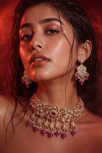 Shop Tussya Gold Plated Stone Embellished Necklace And Earrings Set Online at Aza Fashions Shop_Tussya_Gold Plated Stone Embellished Necklace And Earrings Set _Online_at_Aza_Fashions